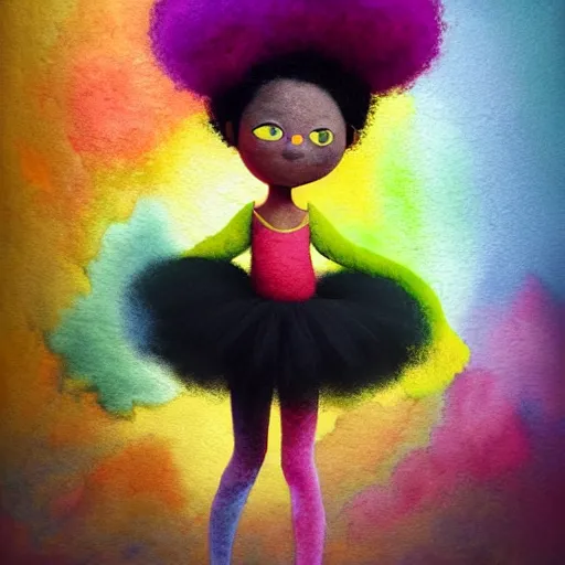 Image similar to a black girl with a colorful afro and rainbow eyes doing ballet, bright colours, bokeh!! watercolor, volumetric wool felting, macro photography, children illustration, by goro fujita