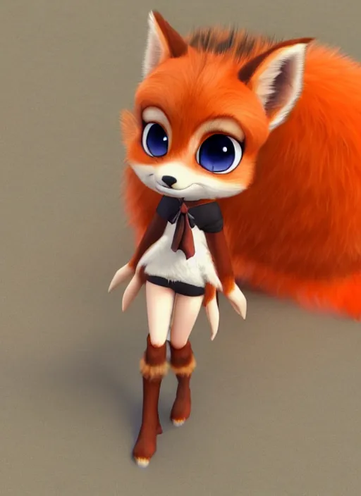 Prompt: female furry mini cute style, character adoptable, highly detailed, rendered, ray - tracing, cgi animated, 3 d demo reel avatar, style of maple story and zootopia, maple story fox girl, orange fox, dark skin, cool clothes, soft shade, soft lighting