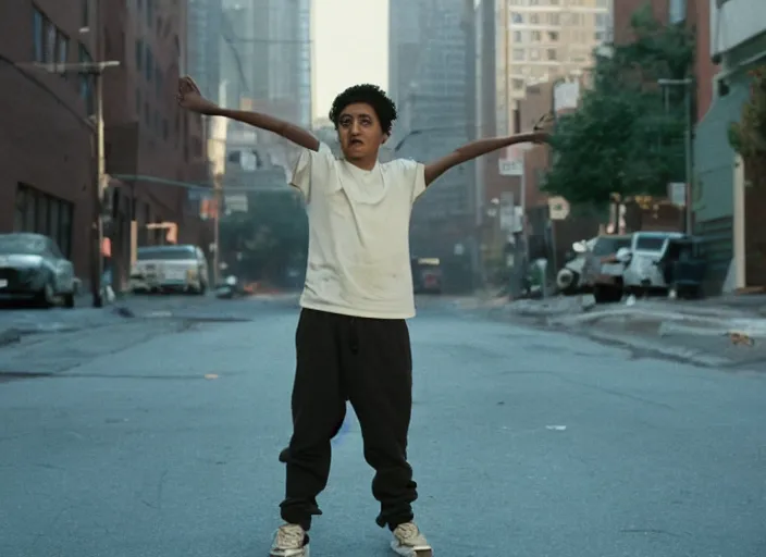 Prompt: First Official image from Cardboard, new drama film directed by Spike Jonze starring Tony Revolori as a Philadelphia b-boy in 1990 in the streets at dawn, shot on Kodak Vision 200T, stunning cinematography, light diffusion, film grain, 8k print.