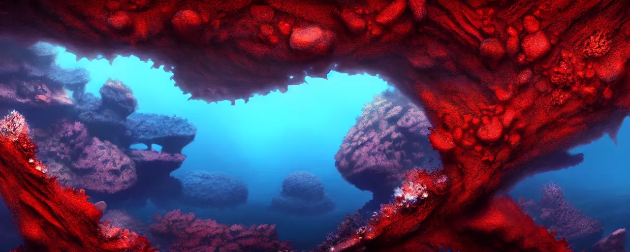 Image similar to A gorgeous detailed oil of a dark red sea covered in big blue steep rocks, a school of piranhas underwater, the further away the mistier it gets, surreal, concept art, dark aesthetic, atmospheric, moody, hyperrealism, highly detailed, masterpiece, award winning, 4k, unreal engine