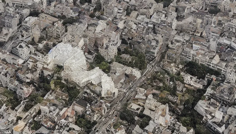 Image similar to complex city, trees, pyramids, transparency