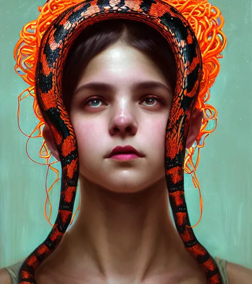 Image similar to portrait of teenage medusa, bald, naughty smile, wearing an embroidered orange tunic, wearing headdress made of black snakes, intricate, elegant, copper and emerald jewelry, glowing lights, highly detailed, digital painting, artstation, concept art, smooth, sharp focus, illustration, art by wlop, mucha, artgerm, and greg rutkowski