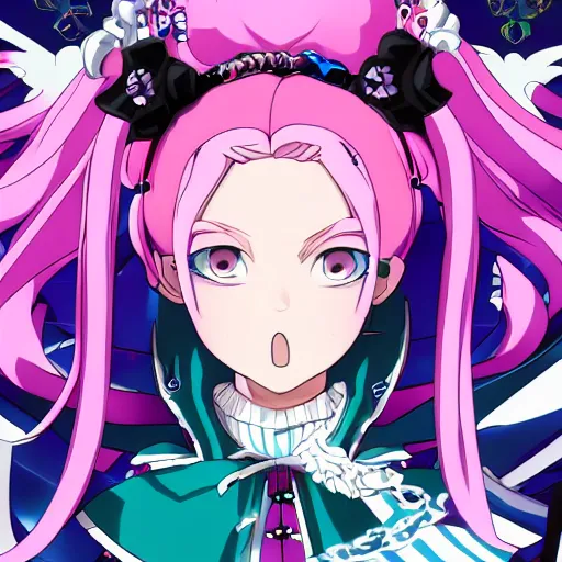 Image similar to stunningly beautiful omnipotent megalomaniacal anime goddess who looks like junko enoshima with porcelain skin, pink twintail hair and mesmerizing cyan eyes, symmetrical perfect face smiling in a twisted, mischievous, devious and haughty way while looking down upon the viewer and taking over the universe, mid view, hyperdetailed, 2 d, 8 k