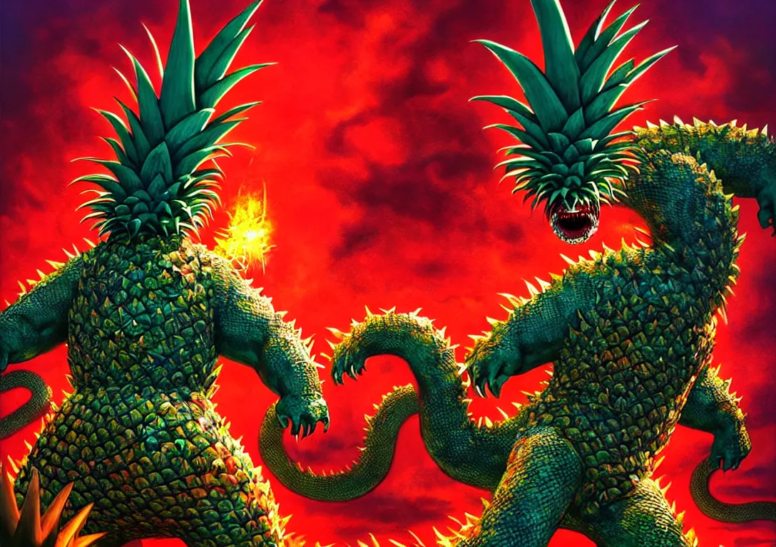 Prompt: horrific realistic!! kaijuu monster pineapple destroying a city full of people like godzilla with fangs and a snake tongue, by jack kirby very big, vibrant colors, red glowing eyes, concept art, detailed, high contrast, rim light, back lit, sharp focus, illustration, powerful, attacking a city unreal render