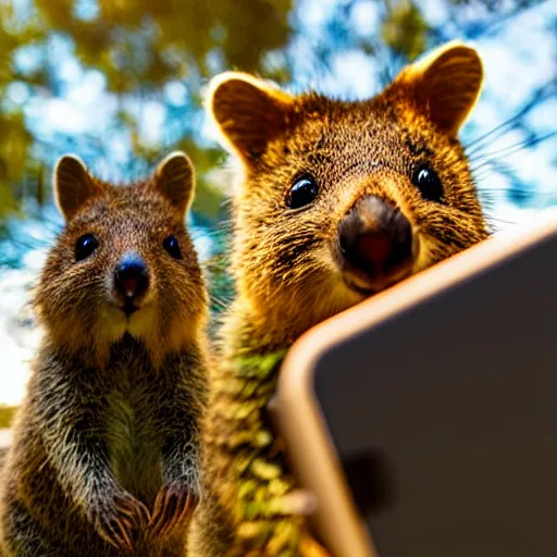 Image similar to quokka taking a selfie, golden hour, realistic