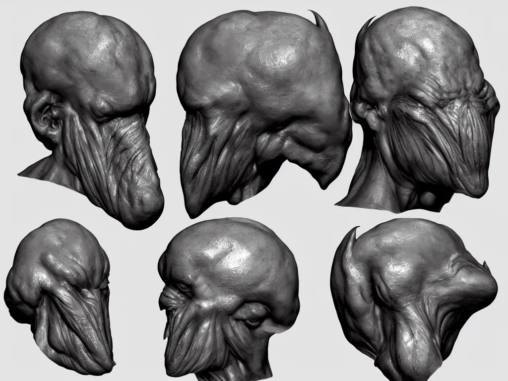 Image similar to barnacle head, muscular, chiroptera head, chiroptera ears, chiroptera nose, barnacle, artstation, cgsociety, zbrush, no background