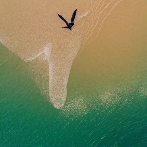 Image similar to simmetrical photo of a seagull flying seen exactly from above. Watching down. Seagull seen from above. 4k still award winning. Pleasant look and colors. Sea on the background.