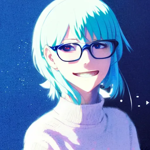 Prompt: anime cute girl in blue sweater white white pale hair black glasses standing psychedelic background by greg rutkowski makoto shinkai kyoto animation key art feminine mid shot wlop smile