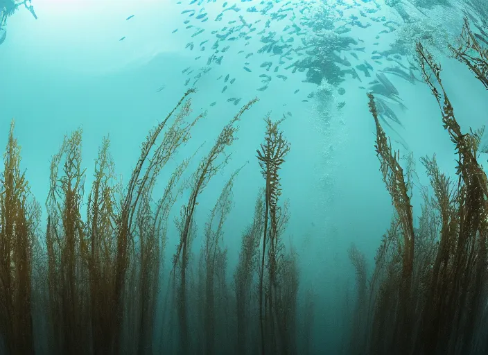 Image similar to underwater kelp forest beneath the ice of europa, award winning photograph