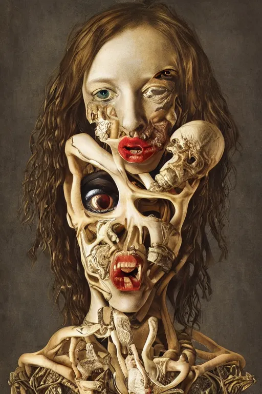 Image similar to Detailed maximalist portrait with large lips and with large wide eyes, surprised expression, surreal extra flesh and bones, HD mixed media, 3D collage, highly detailed and intricate, illustration in the golden ratio, in the style of Caravaggio, dark art, baroque