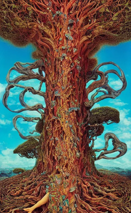 Prompt: ultrawide angle colour masterpiece surreal closeup portrait photography of a giant tree by miho hirano and annie leibovitz and michael cheval, weird surreal epic psychedelic complex biomorphic 3 d fractal landscape in background by kilian eng and roger dean and salvador dali and beksinski, 8 k