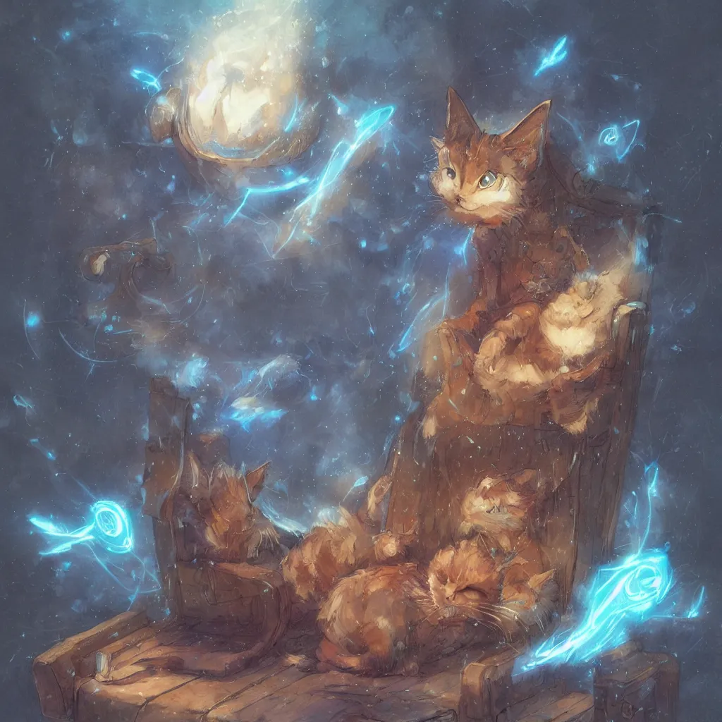 Image similar to anime cat with cloak laying on a magical wood carved chair, super powers, glowing tiny blue lines, concept art, by greg rutkowski, overdetailed art