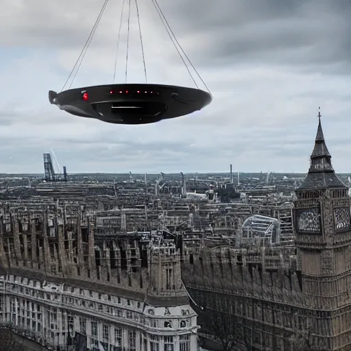 Prompt: an alien spacecraft hanging menacingly over London, photo