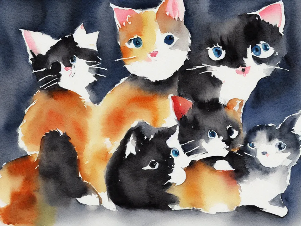 Prompt: cute little cats, watercolor, background black