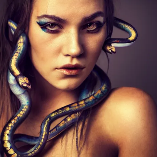 Image similar to closeup portrait of a woman with intense eyes and horns!!! and snakes!!! attached to her head, closeup, studio lighting, backlit, golden hour, trending on artstation, spectacular photo, popular photo