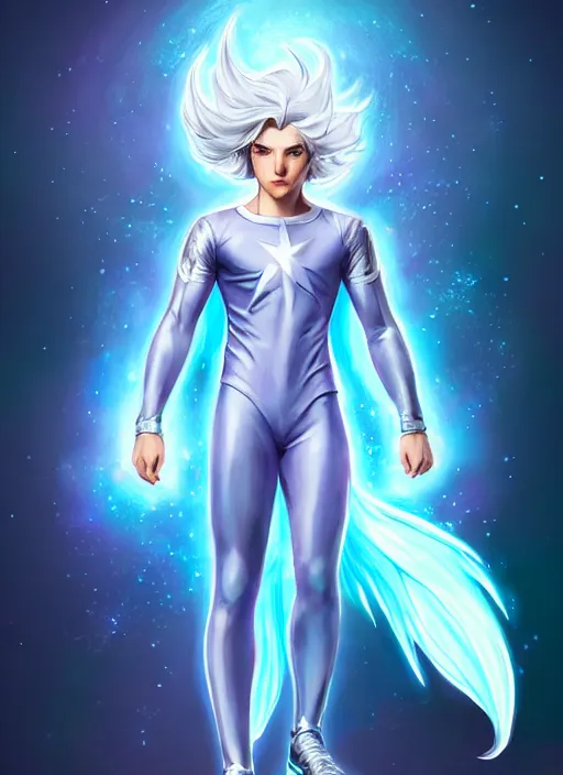 Prompt: full body portrait of quicksilver as a magical star guardian. detailed face, concept art, intricate, highly detailed 8 k, smooth, sharp focus, beautiful and aesthetic shape of face and body, artgerm, artstation, art by zexi guo and nira and junpei suzuki and gharliera and rinotuna