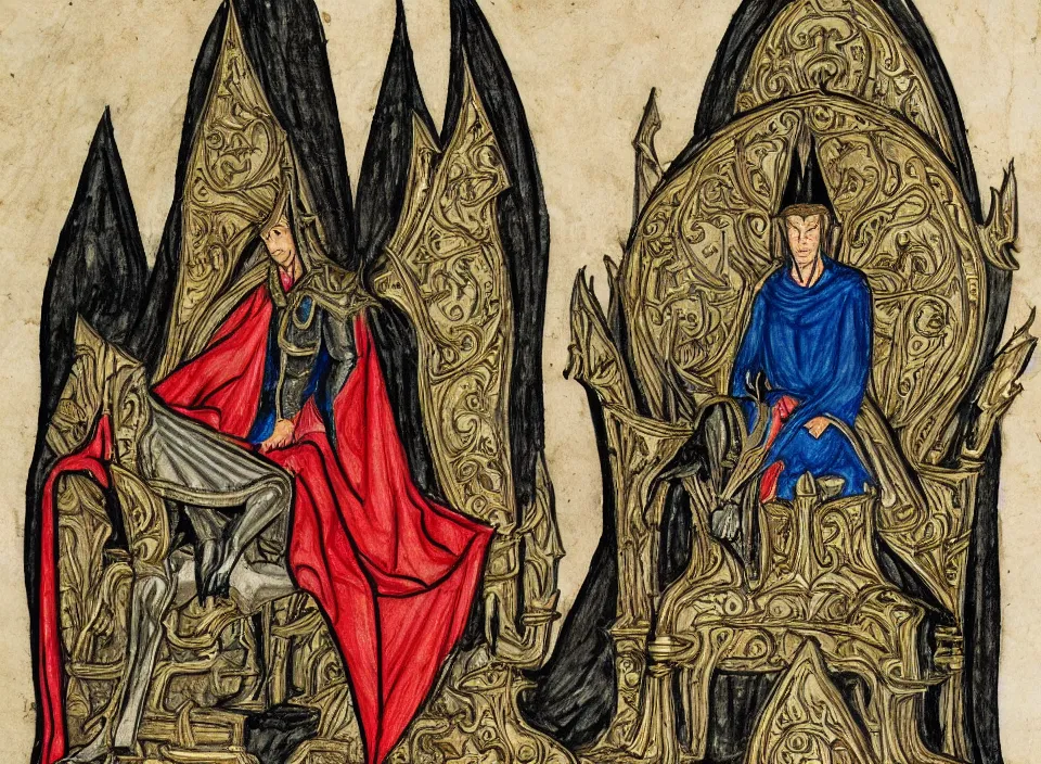 Image similar to a illuminated manuscript drawing of sauron sitting on a throne with the nazgul kneeling in front of him