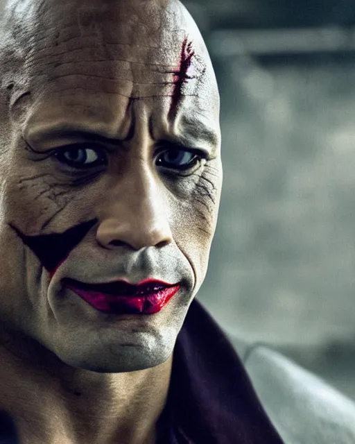 Image similar to Film still close-up shot of Dwayne The Rock Johnson as The Joker from the movie The Dark Knight. Cinematic, Photographic, photography