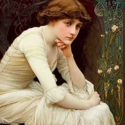 Image similar to a detailed, intricate art nouveau portrait painting of a girl who resembles 1 8 - year - old saoirse ronan and emma watson in a white satin gown, by alphonse mucha, donato giancola, and john william waterhouse