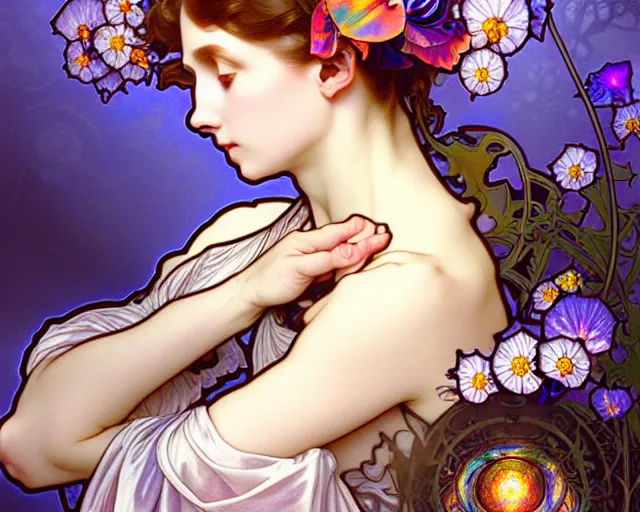 Image similar to overlord, rococo and art nouveau fusion, iridescent diaphanous refractive and reflective flower bouquet, tarot card, highly detailed, deep focus, elegant, digital painting, smooth, sharp focus, illustration, ultra realistic, 8 k, art by artgerm and alphonse mucha