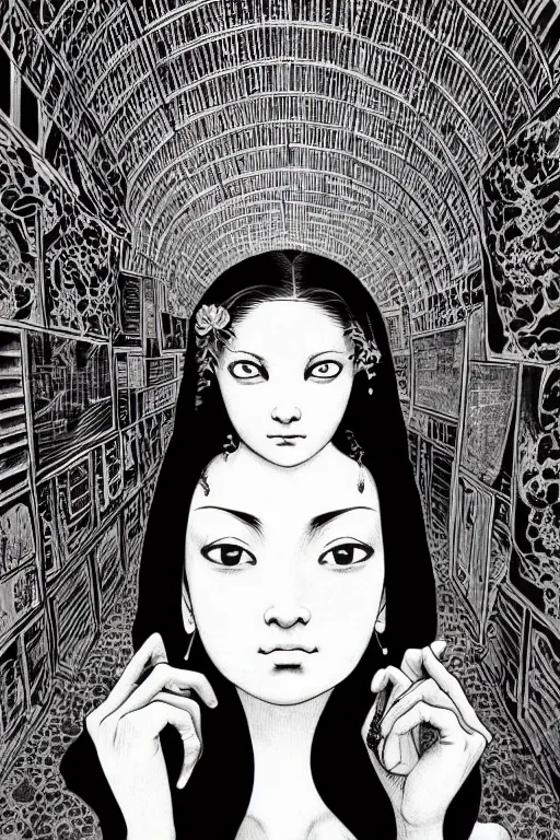 Image similar to beautiful portrait of a woman, negative no not mona lisa pose, highly detailed ink illustration of a dark alley of taipei, b & w clean shaped illustration by kim jung gi, ric estrada, ron english and eiichiro oda