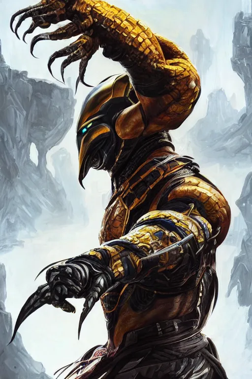 Image similar to ultra realistic illustration, scorpion from mortal kombat dressed like a wakandan warrior, hacknaut cyberpunk, sci - fi, fantasy, intricate, elegant, highly detailed, digital painting, artstation, concept art, smooth, sharp focus, illustration, art by artgerm and greg rutkowski and alphonse mucha