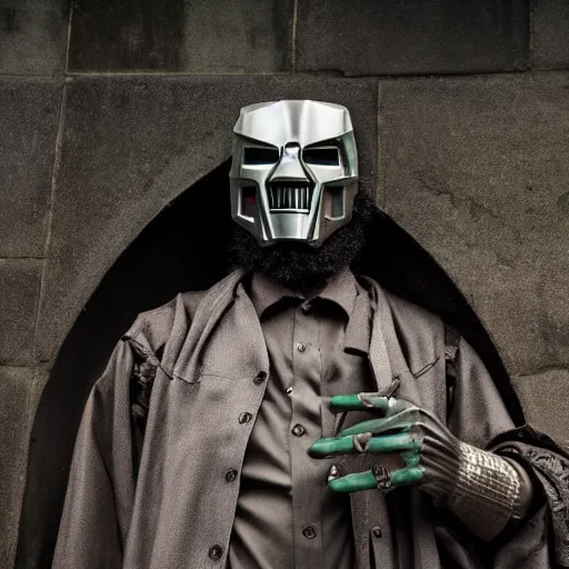 Image similar to MF DOOM standing in a graveyard with a dug up coffin, highly detailed mask, portrait photography, 8k