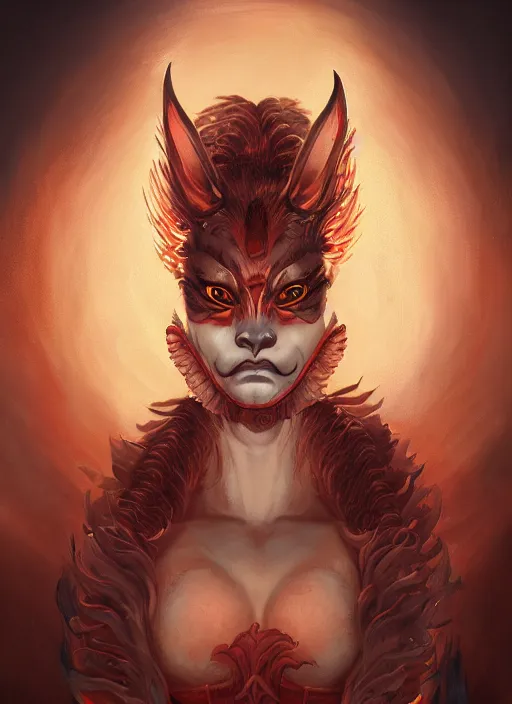 Image similar to a beautiful detailed oil on copper art illustration of a japanese oni kitsune mask devil woman, centered, by charlie bowater, zeng fanzh, trending on artstation, dim dusk lighting, cinematic lighting, detailed lighting, volumetric lighting, realistic, f 8, 4 k hd wallpaper