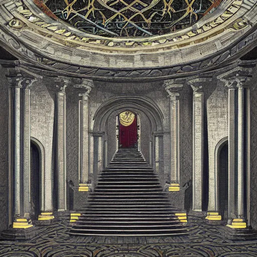 Prompt: fine concept art of a scene representation inspired by the song Hall of the Stairs / Hall of the Mosaics by Andreas Vollenweider, highly realistic and detailed, intricate, cinematic lighting