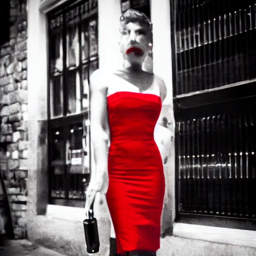 Prompt: film noir jazz bar, crowds of people, she arrived in a red dress,