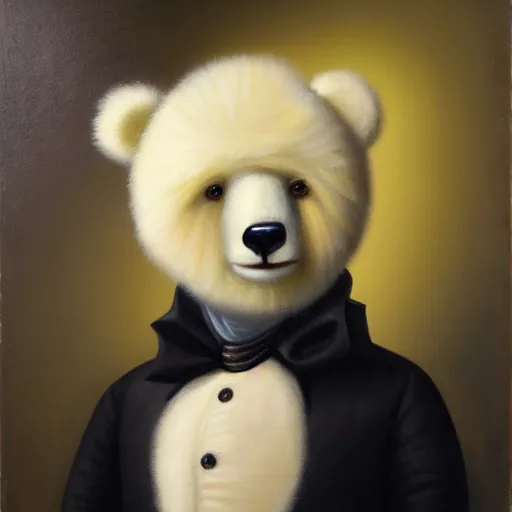 Prompt: head and shoulders portrait painting of a white teddy bear wearing a colonial outfit looking off camera, a character portrait, american romanticism, oil on canvas, diffused lighting