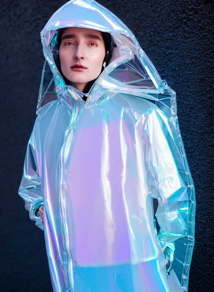 Image similar to an ultra high definition professional studio quality photograph of an artificially intelligent android influencer with silver skin wearing a transparent iridescent pastel coloured visor and matching wavey raincoat on white hook in a sheer icelandic black rock environment. three point light. dramatic lighting. volumetric shadows. light rays