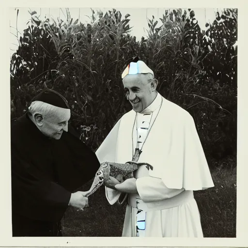 Image similar to black and white photograph of the with a frog with pope clothes