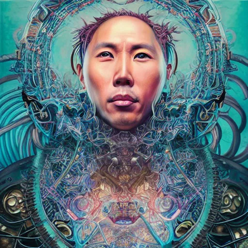 Image similar to portrait of donnie yen, hyper detailed masterpiece, neon floral pattern, jean giraud, digital art painting, darkwave goth aesthetic, psychedelic, artgerm, donato giancola and tom bagshaw