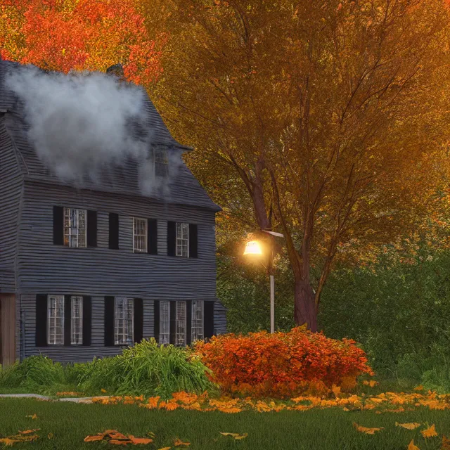 Prompt: black colonial new england house, tall maple tree in yard, large chimney with smoke, old street lamp, lights on inside, fall foliage, vermont mountain background, light cinematic, volumetric, realistic, cinematic lighting, ray tracing, unreal engine 5, octane render, hyper realistic, 8 k