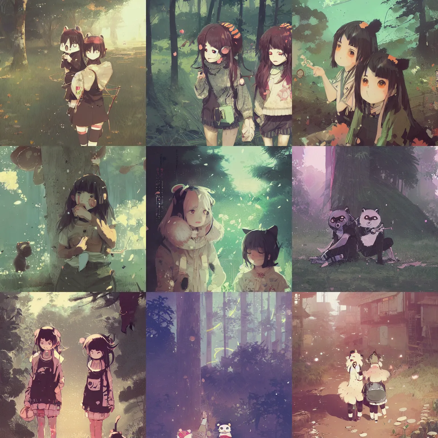 Prompt: A key manga visual of two tanuki girls, by Ismail Inceoglu, sharp, carefully drawn, detailed, beautiful, wallpaper 4K, Yen Press, pixiv, official media