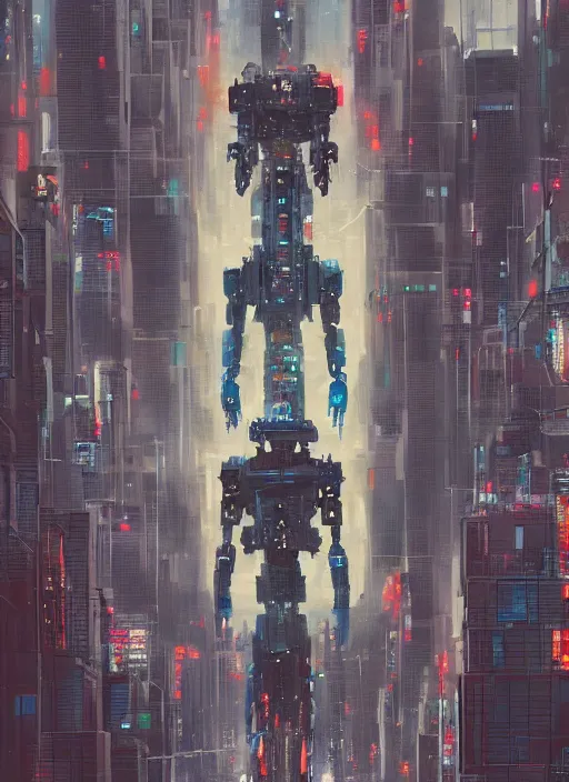 Prompt: a painting of a giant robot standing in front of a city, cyberpunk art by james jean, behance contest winner, nuclear art, dystopian art, apocalypse art, sci - fi