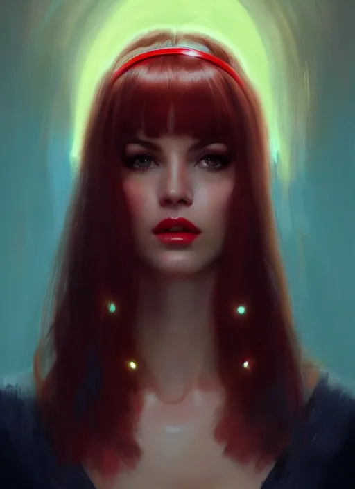 Prompt: portrait of lana rhodes with bangs, 1 9 6 0 s, long hair, red hairband, bangs, intricate, elegant, glowing lights, highly detailed, digital painting, artstation, concept art, smooth, sharp focus, illustration, art by wlop, mars ravelo and greg rutkowski