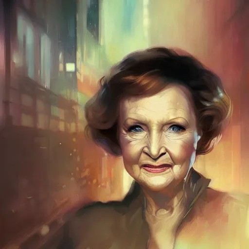 Image similar to betty white, hyperrealistic portrait, bladerunner street, art of elysium by jeremy mann and alphonse mucha, fantasy art, photo realistic, dynamic lighting, artstation, poster, volumetric lighting, very detailed face, 4 k, award winning