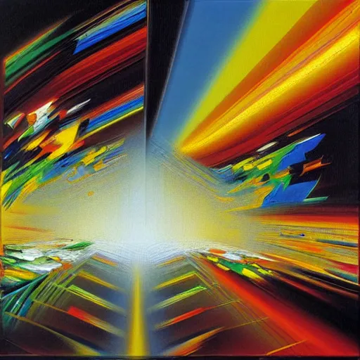 Image similar to abstract art representing momentum, oil painting by john berkey and gabriel dawe, masterwork