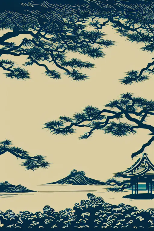 Image similar to amazing vector artwork, 2 tone Japanese landscape print