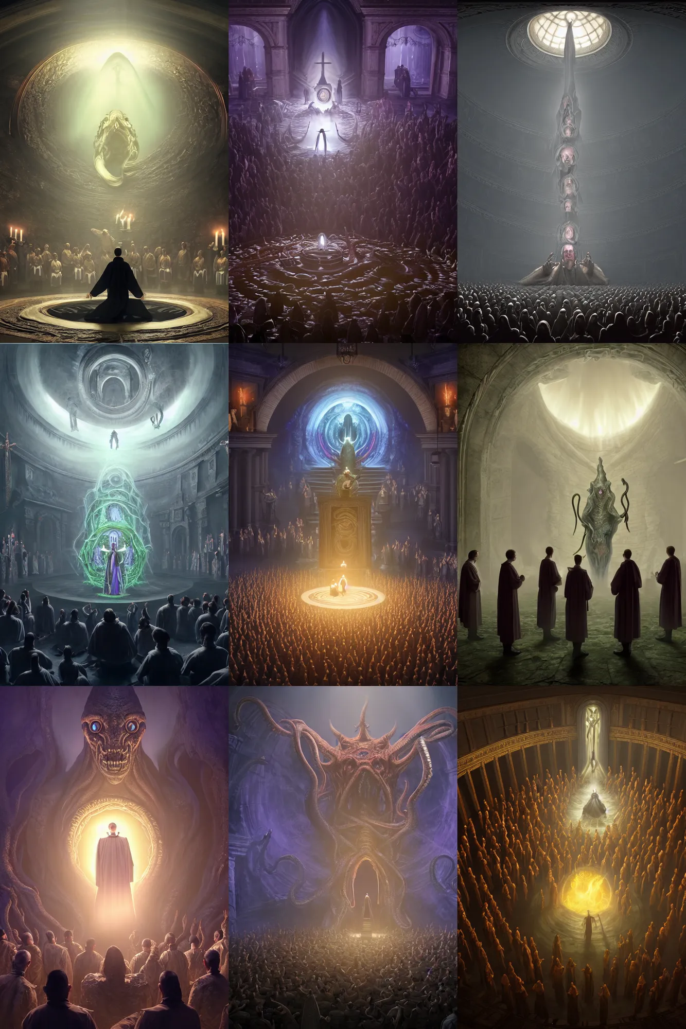 Prompt: center view of a group of priest in circle invoking an hyper realistic lovecraft creature portrait in a huge ritual portal, 4 k, fantasy art, glamorous composition, wide - angle shot, cinematography lighting, volumetric fog, vivid colors, realistic, octane render, unreal engine, frank frazzeta, hyper realistic matte painting