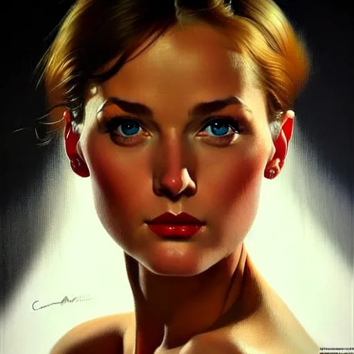 Prompt: close up face of a extremely beautiful bond female vam pire portrait, masterpiece, oil on canvas, artgerm, norman rockwell, craig mulins, trending on pxiv!!!!!!!,