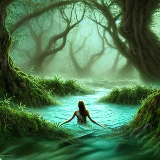 Image similar to beautiful digital fantasy illustration of A woody green field with a stream running through it, with a group of dryad women standing in the water. They seem to be preparing to submerge themselves in the cool, clear waters of the stream. a creepy creature standing in front of a mirror!, concept art by Alex Horley-Orlandelli!!, cgsociety contest winner!!!, gothic art,!!!!, cgsociety, official art, fantasy art, #vfxfriday, highly detailed, dynamic pose!!!!!, soft lighting, rendered in octane, masterpiece, very very very aesthetic