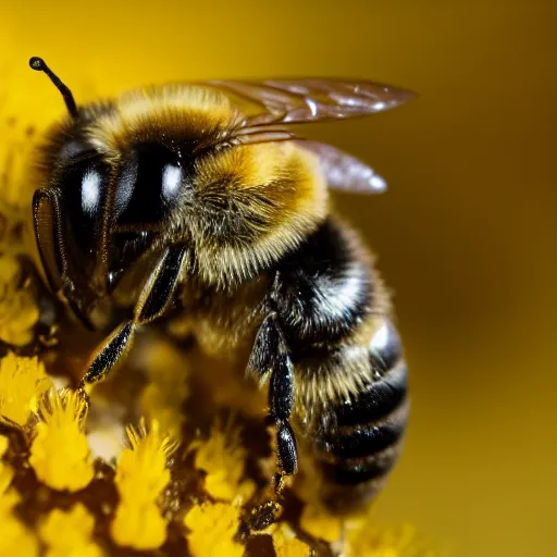 Prompt: a macro photograph of a bee covered in pollen, suckling inside of a flower center, award winning photography, national geographic, nature magazine