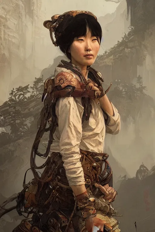 Prompt: A full portrait of a beautiful post apocalyptic Chinese explorer, intricate, elegant, highly detailed, digital painting, artstation, concept art, smooth, sharp focus, illustration, art by Krenz Cushart and Artem Demura and alphonse mucha