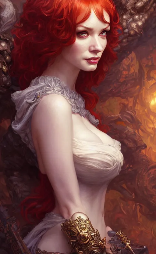 Prompt: christina hendricks, d & d, fantasy, intricate, very beautiful, highly detailed, elegant, digital painting, artstation, concept art, matte, smooth and sharp focus, rpg artwork, illustration, by rene maritte and tian zi and wlop and alsphonse mucha and artgerm and and pino daeni and dan mumford,