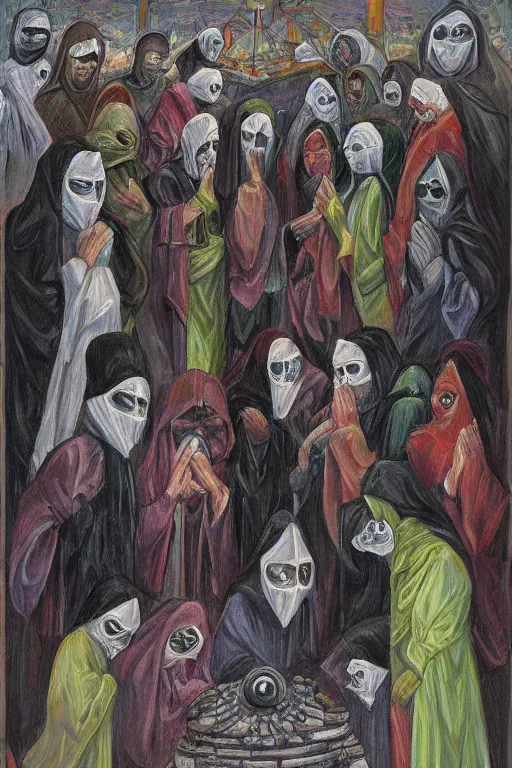 Prompt: hooded disciples in masks praying to an electric eye monument in a brutalist courtyard, lowbrow surrealism, oil on canvas