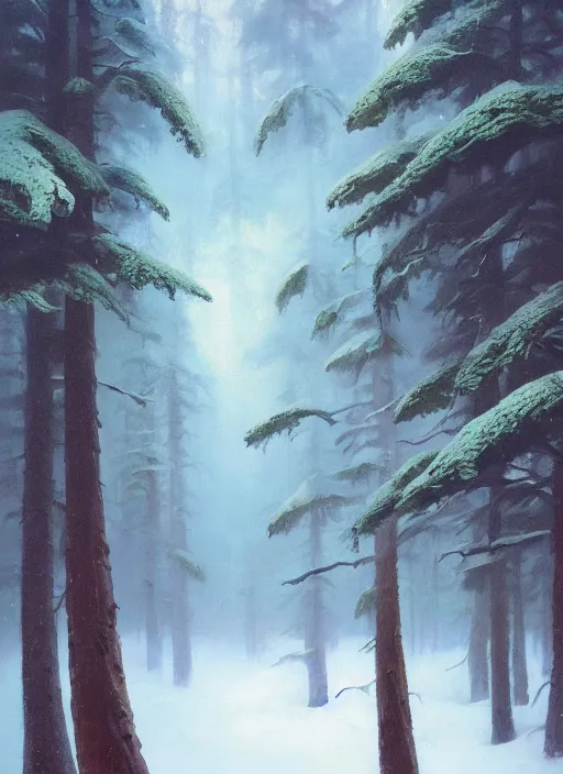 Prompt: surreal trippy coniferous forest taiga blizzard, extremely detailed oil painting, rhads, sargent and leyendecker, savrasov levitan polenov, bruce pennington, studio ghibli, tim hildebrandt, digital art, landscape painting, trending on artstation, masterpiece