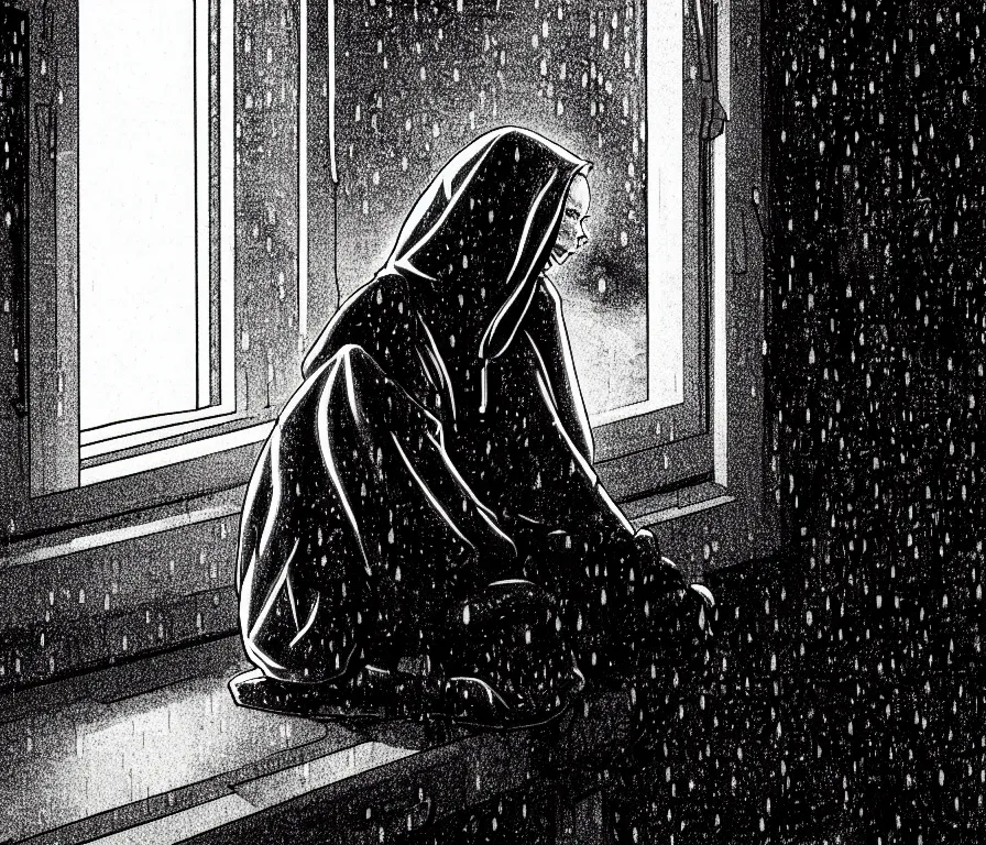 Prompt: sadie sink in hoodie sits on windowsill, knees tucked in as rain falls at night : b & w storyboard drawing, scifi cyberpunk. by joe alves, gabriel hardman, chris bonura. cinematic atmosphere, detailed and intricate, perfect anatomy